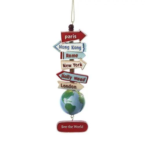 World With Signs and Destinations Ornament signposts around globe by Country Christmas Loft on Tampa Home & Garden Store