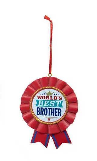 Worlds Best Brother Ribbon Ornament with red rosette and gold ring hanging ribbon on Tampa Home & Garden Store