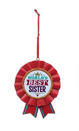 Worlds Best Sister Ribbon Award Ornament with red satin rosette and hanging ribbon on Tampa Home & Garden Store