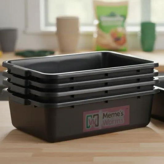 Worm Bin Bus Tubs set of 5 in black plastic with Meme's Worms branding for composting on Tampa Home & Garden Store