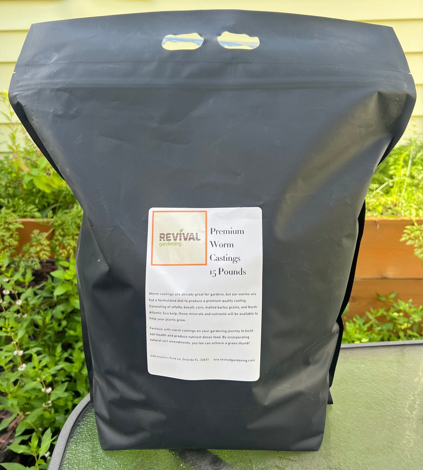 Orlando Premium Fresh Worm Castings bag by Revival Gardening, 15 lb black package on Tampa Home & Garden Store