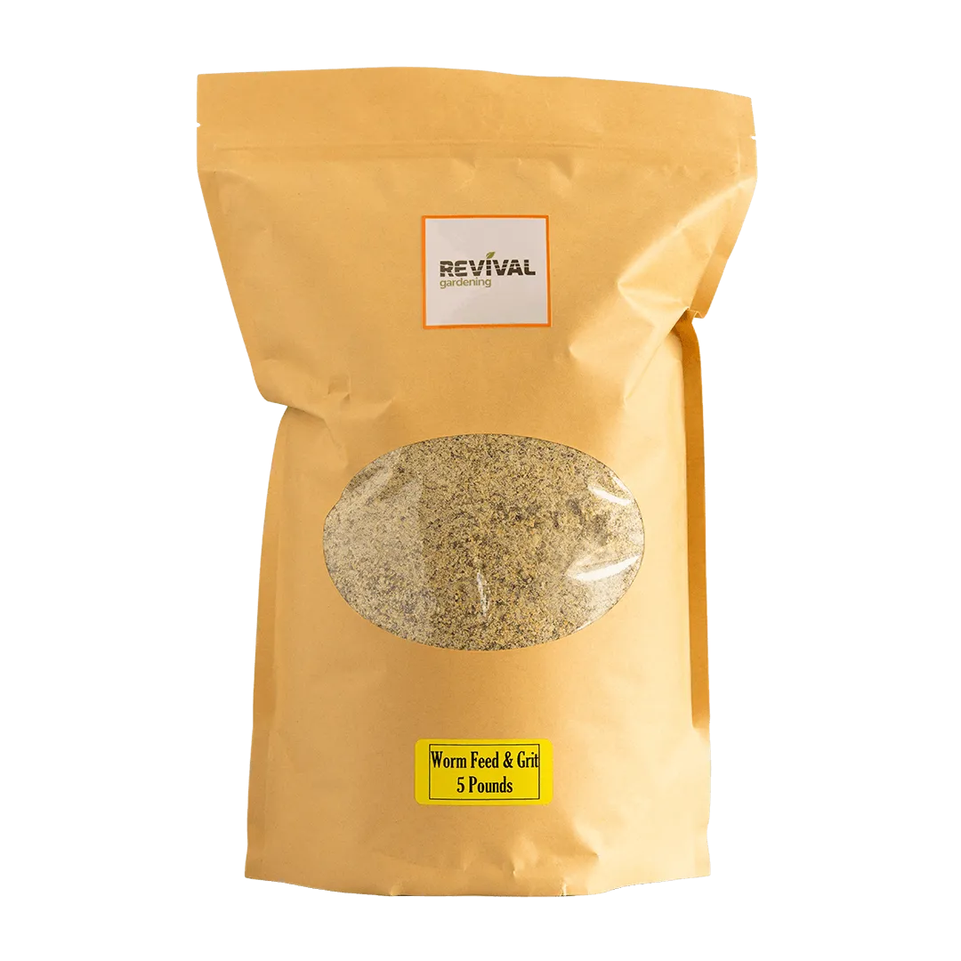 Worm Feed & Grit worm food in tan 5 lb bag by Revival Gardening for composting on Tampa Home & Garden Store