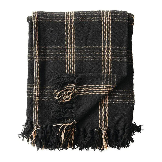 Woven cotton throw blanket with fringe in black tan plaid, White Cliff Studio on Tampa Home & Garden Store