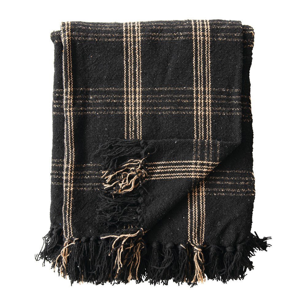 Woven Cotton Blend Throw Blanket with Fringe, Black & Tan Plaid - Tampa Home & Garden Store