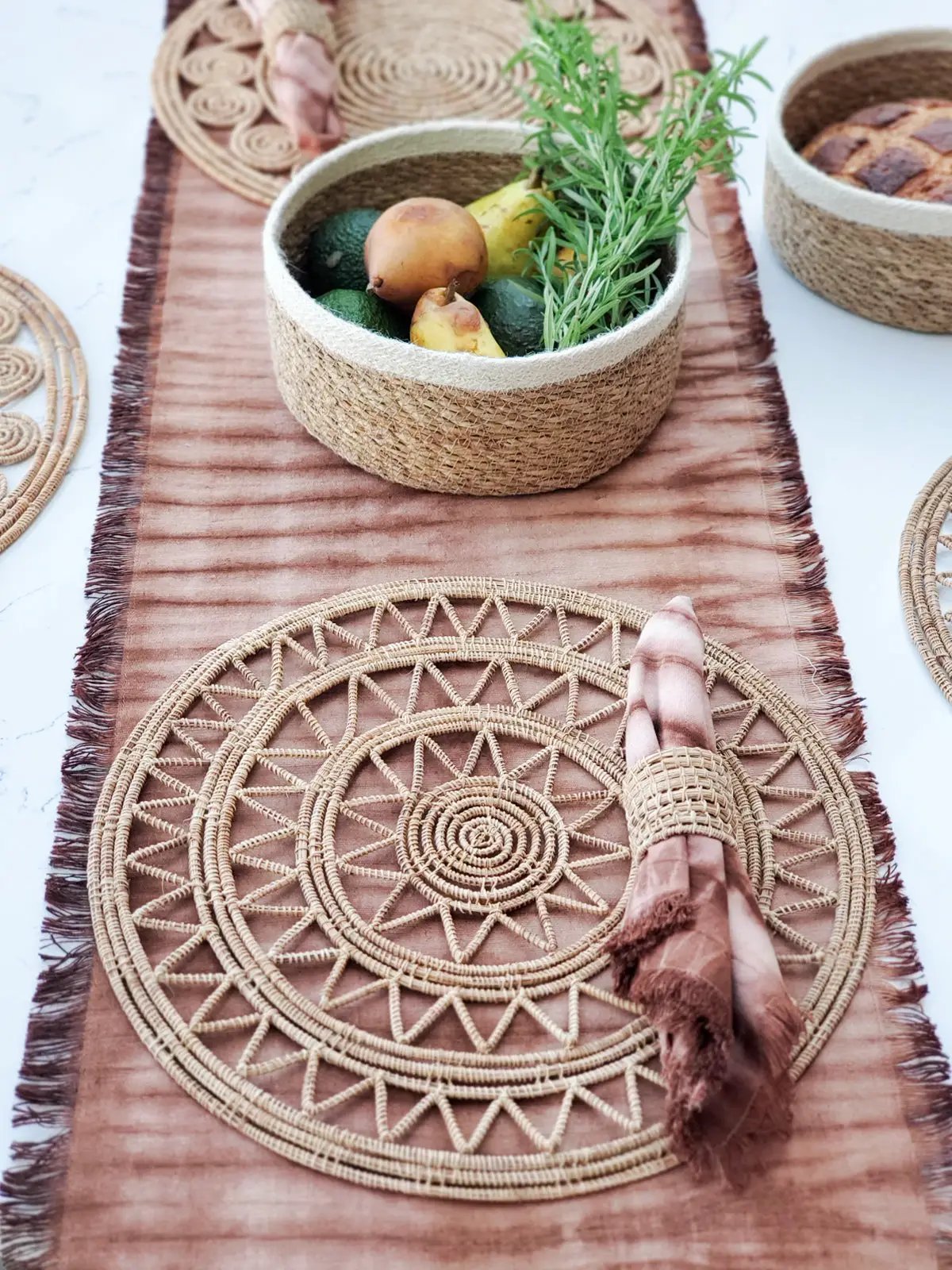Woven palm fiber napkin rings natural set of four for elegant rustic dining table decor on Tampa Home & Garden Store