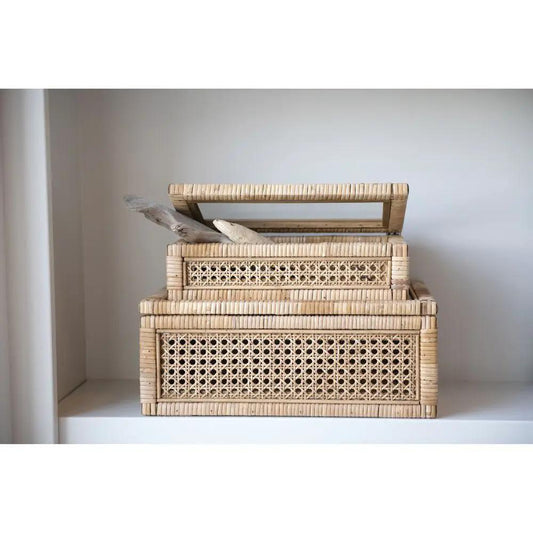Woven rattan and wood decorative boxes with glass lids, set of 3, natural beige lattice-front design on Tampa Home & Garden Store