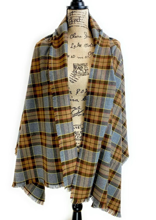 Outlander Fraser inspired flannel wrap scarf in brown plaid with fringe Thistle and Stitch on Tampa Home & Garden Store