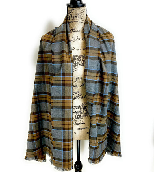Outlander MacKenzie inspired cotton flannel wrap scarf in gray blue tan plaid with fringed ends on Tampa Home & Garden Store