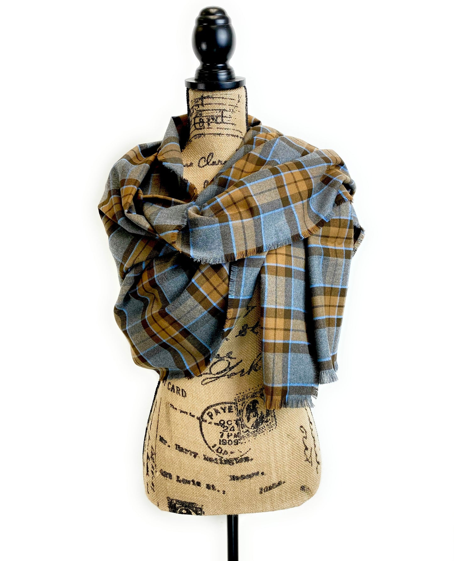 Wrap Size Scarf - Outlander Clan MacKenzie Inspired Gray, Brown and Light Blue Cotton Flannel - Tampa Home & Garden Store