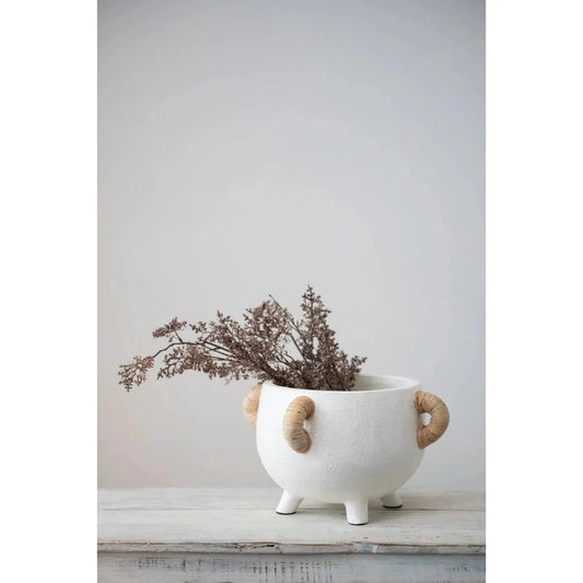 Wren Terracotta Planter with Rattan Handles white ceramic pot with three legs on Tampa Home & Garden Store