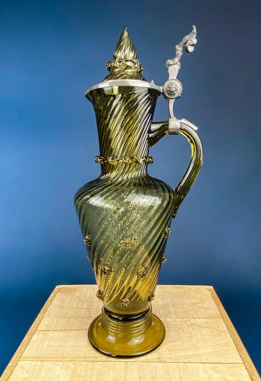 XL vintage glass jug with pewter detailing, olive green ribbed body, ornate lid and handle on Tampa Home & Garden Store