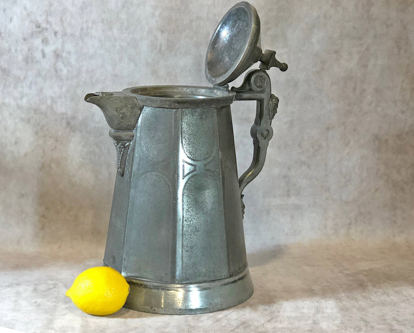 XL Vintage Glass Pitcher with Pewter Detailing. Antique Hand Blown Large 18" German Wine or Water Jug. Vintage Gifts. - Tampa Home & Garden Store