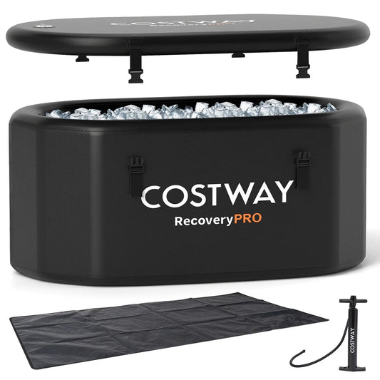 Costway oval ice bath tub 129 gal with black cover and pump, ice-filled on Tampa Home & Garden Store