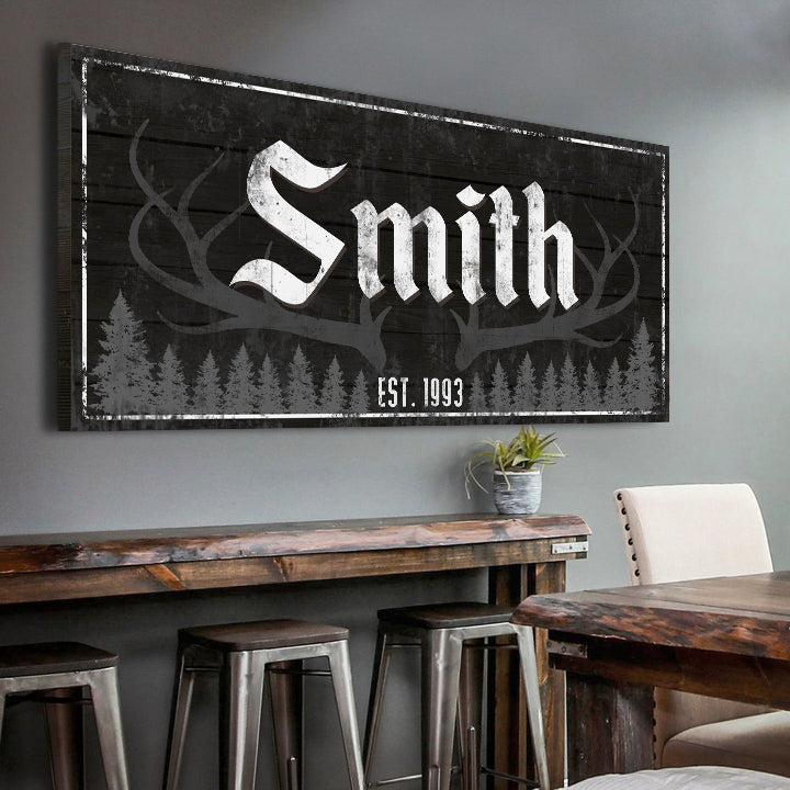 Rustic Family Antler Sign canvas wall art with Smith lettering and gray forest silhouettes on Tampa Home & Garden Store