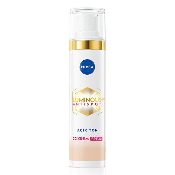 NIVEA Luminous630 Anti-Dark Spot CC Cream SPF30 foundation bottle with white and gold trim on Tampa Home & Garden Store