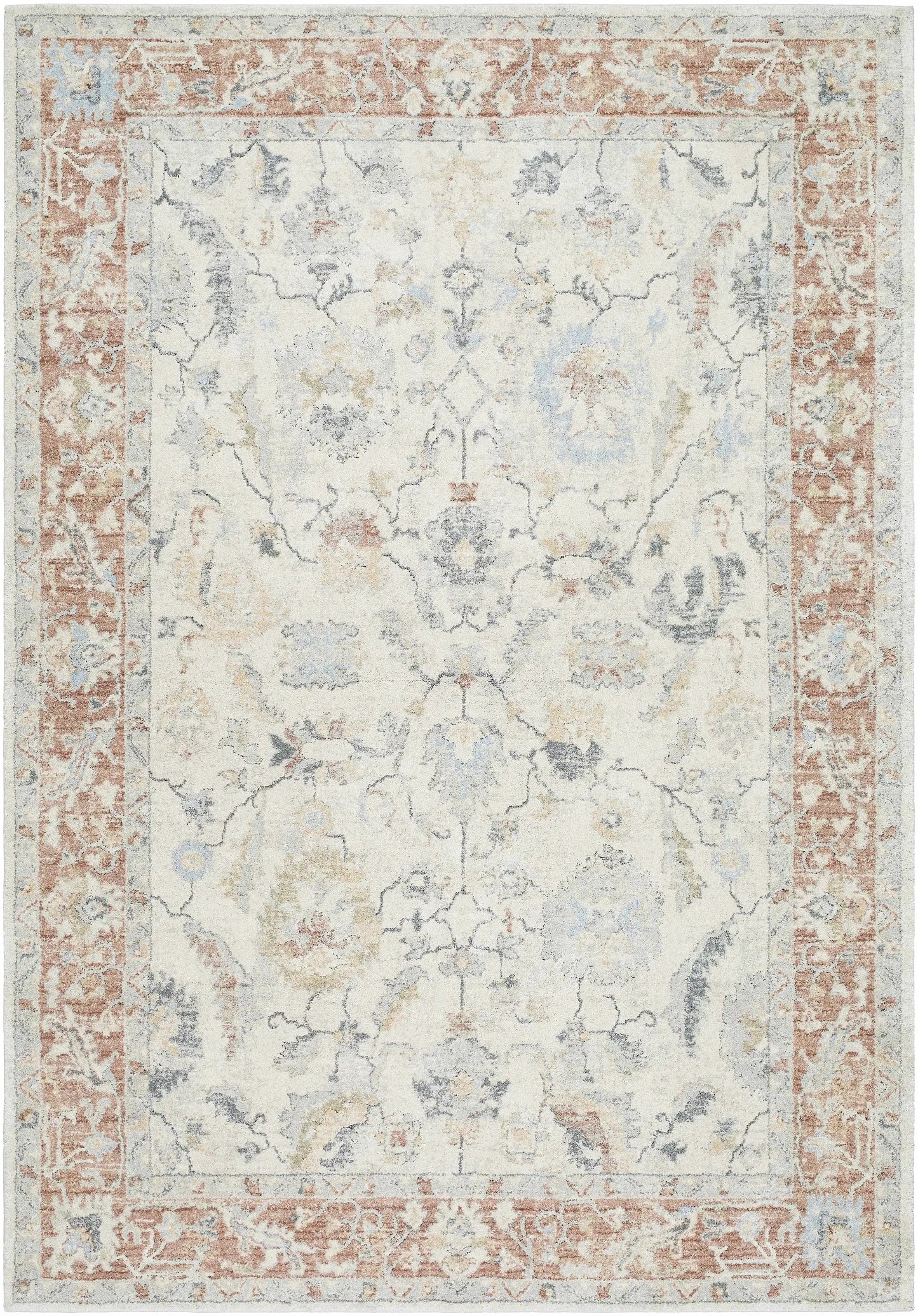 Yetta Beige Thick Luxe Turkish Area Rug with ivory field and orange border by Boutique Rugs on Tampa Home & Garden Store