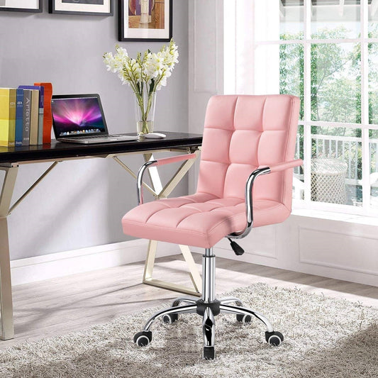 Pink Modern Faux Leather Mid-Back Swivel Office Chair with Armrests and Wheels - Tampa Home & Garden Store