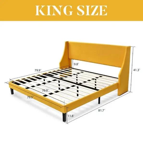 King Size Upholstered Linen Blend Headboard Wingback Platform Bed in Yellow - Tampa Home & Garden Store