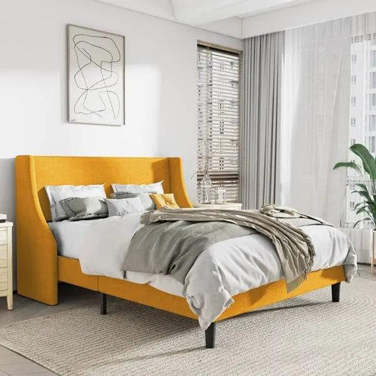 Queen Upholstered Bed with Wingback Headboard in yellow linen platform bed for modern bedrooms on Tampa Home & Garden Store