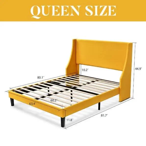 Queen Size Yellow Linen Upholstered Platform Bed with Wingback Headboard by HomePacific on Tampa Home & Garden Store