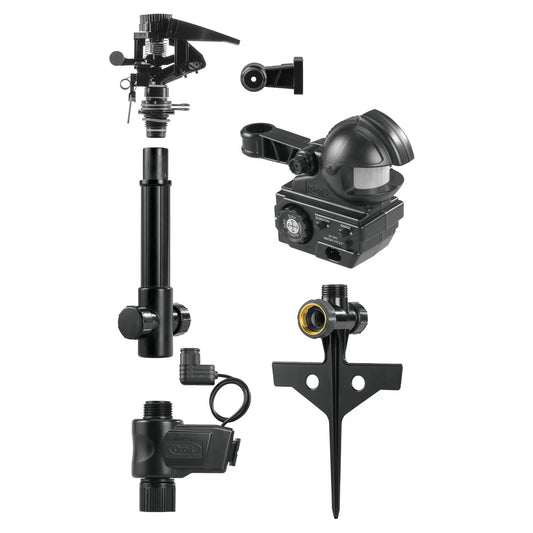Orbit Yard Enforcer Motion Activated Sprinkler kit with black plastic mounting hardware on Tampa Home & Garden Store