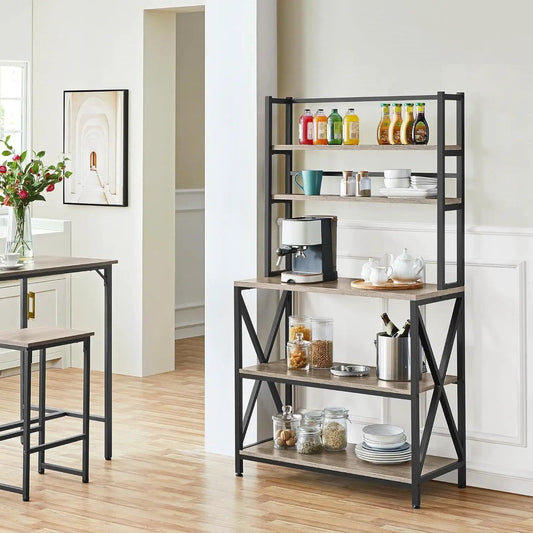 Modern black metal bakers rack with wood shelves, microwave stand and storage, HomePacific on Tampa Home & Garden Store