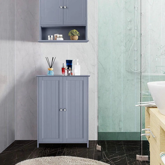 Gray wood freestanding two-cabinet bathroom set with wall cabinet above in blue-gray finish on Tampa Home & Garden Store