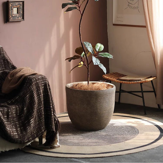 Vintage-Style Outdoor Planter RusticReach; large textured gray pot housing a young tree indoors on Tampa Home & Garden Store