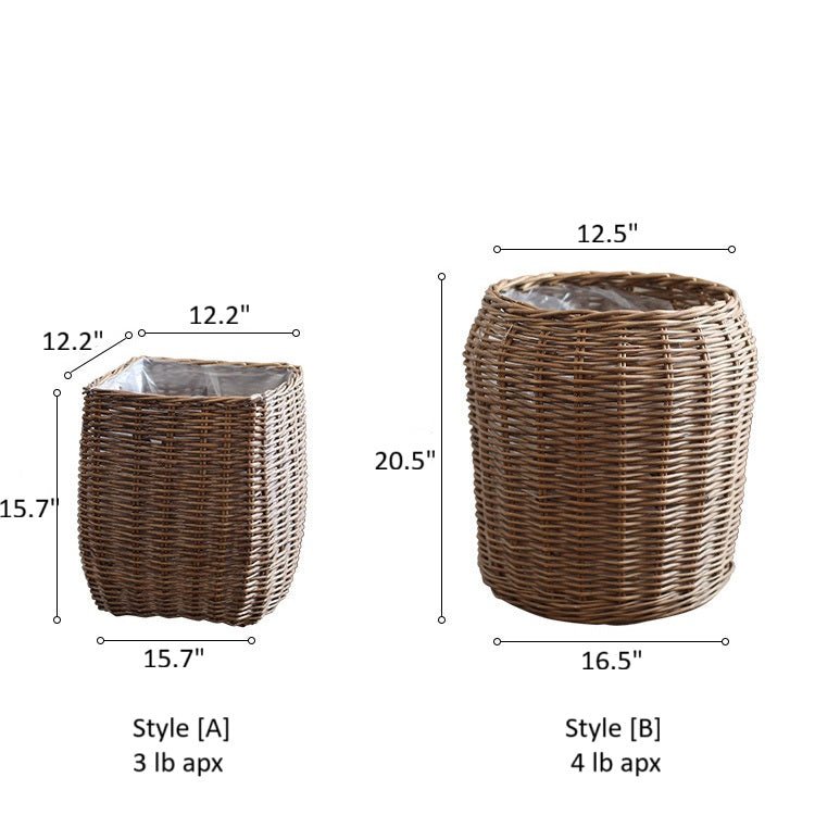 Natural wicker floor planter basket with liner RusticReach; two baskets, Style A & Style B shown on Tampa Home & Garden Store