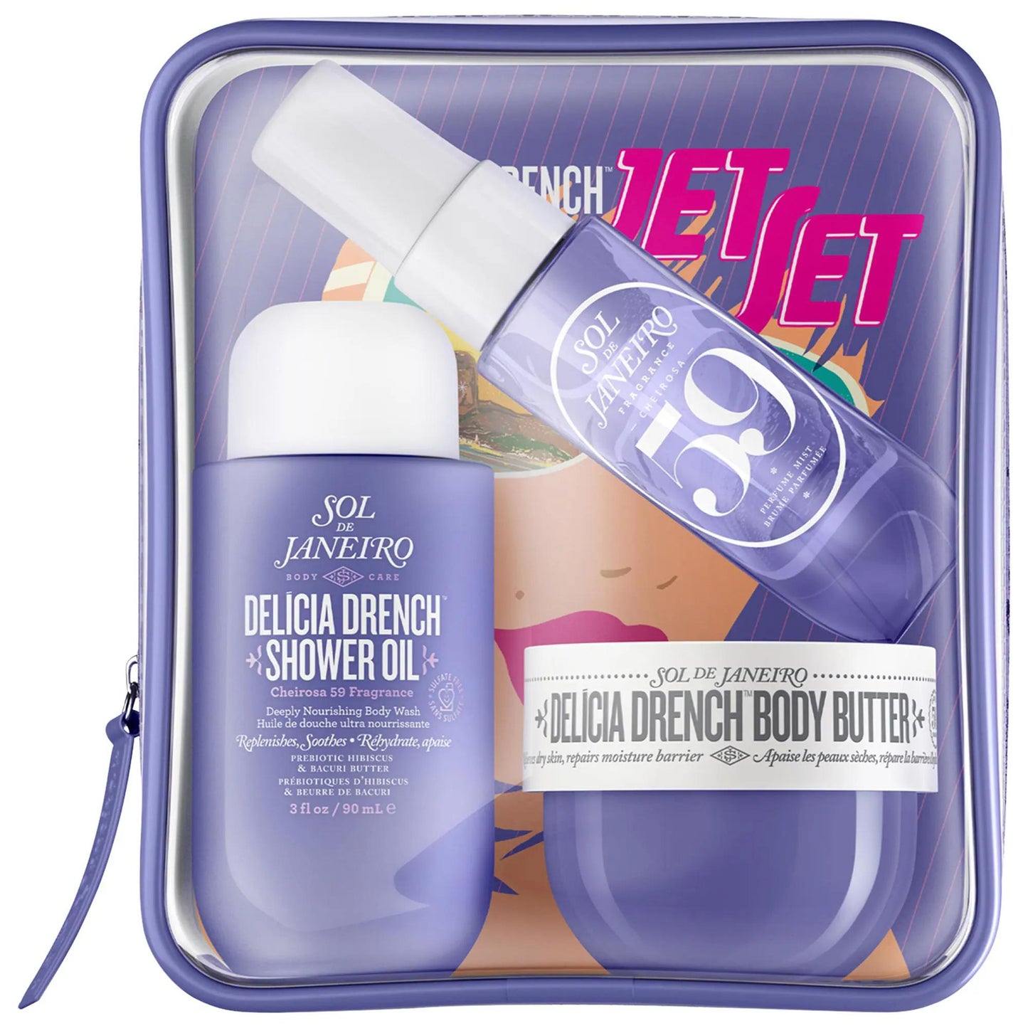 Delícia Drench Jet Set kit with Sol de Janeiro shower oil & body butter in purple case on Tampa Home & Garden Store