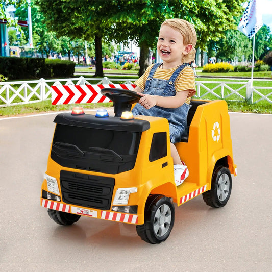 12V kids ride-on garbage truck with recycling; yellow toy vehicle with flashing lights on Tampa Home & Garden Store