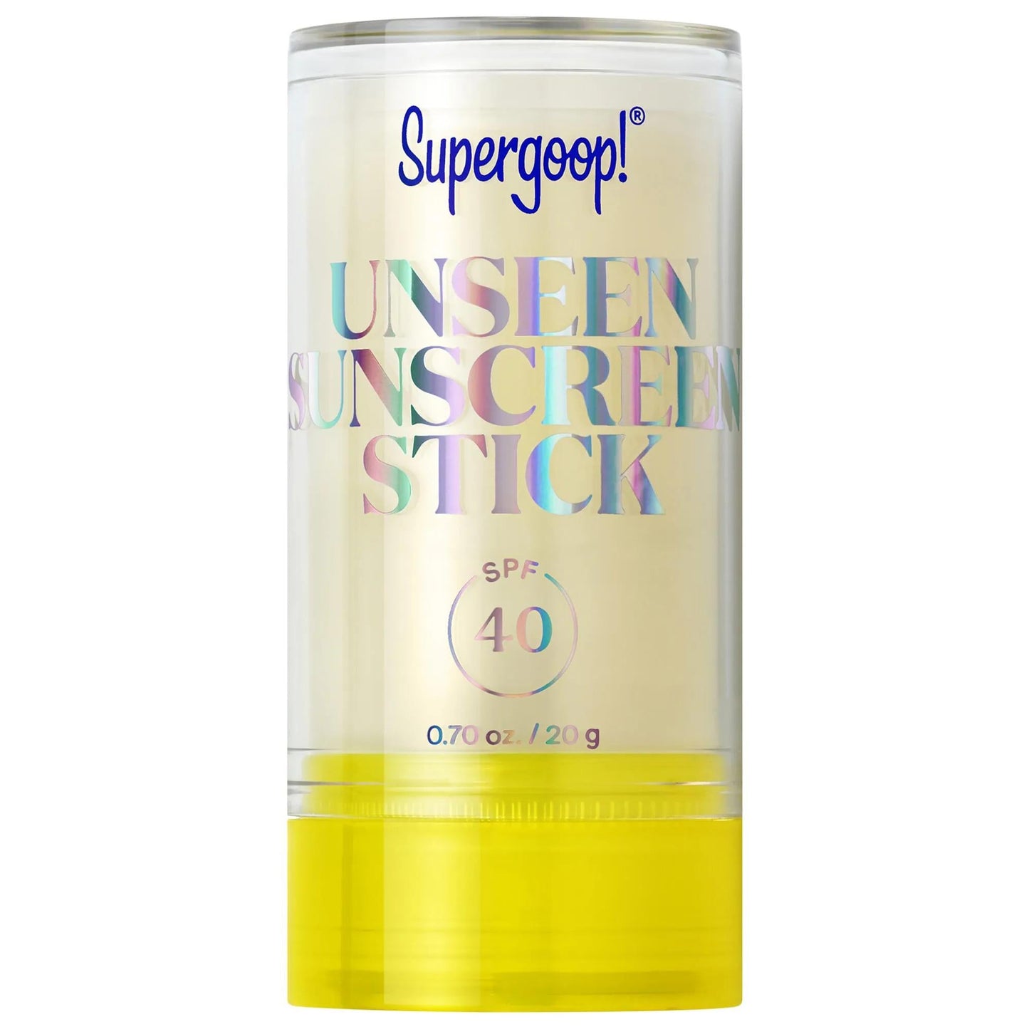 Sunscreen stick Supergoop Unseen SPF 40 in white tube with UNSEEN text and yellow base on Tampa Home & Garden Store