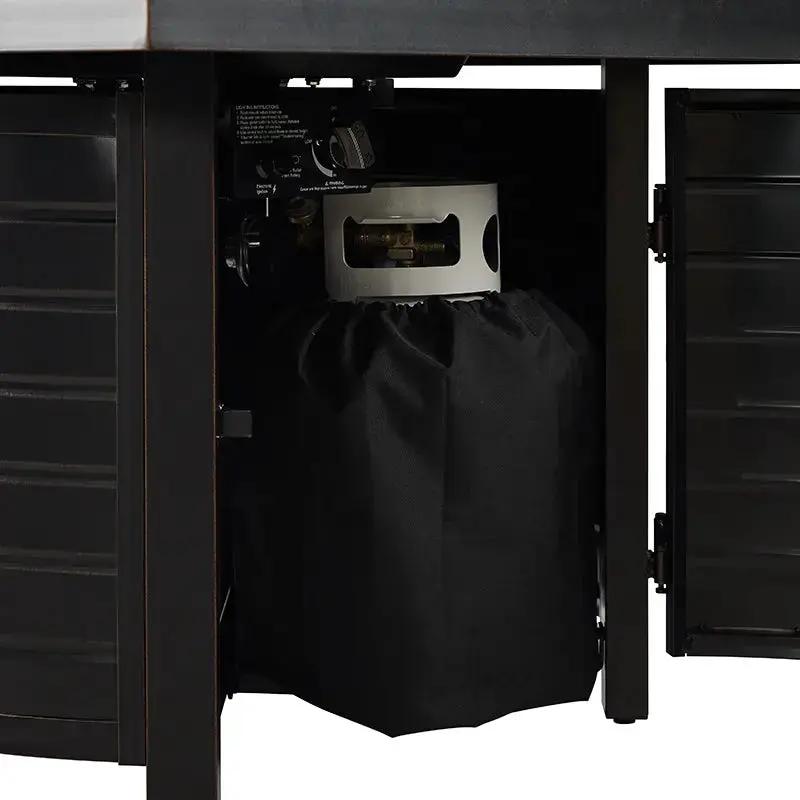 Yorke 40in square aluminum gas fire pit table with propane tank storage cabinet in black on Tampa Home & Garden Store