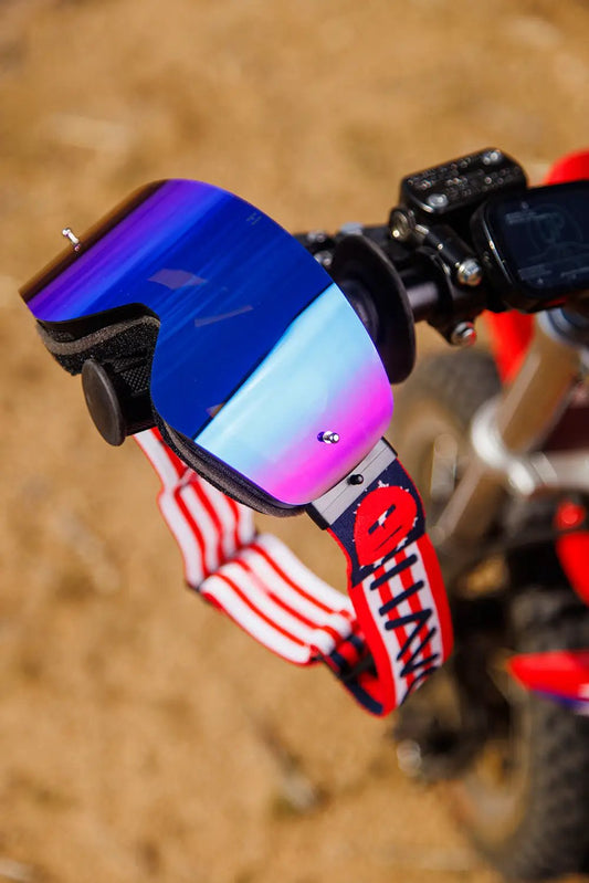 Youth Legacy Goggles with Pin Lock Lens by Havoc, blue purple mirror lens, red strap bars on Tampa Home & Garden Store