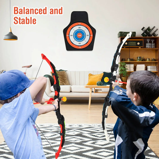Archery Bow Set with LED light-up bow and 20 suction arrows; two kids aim at target indoors on Tampa Home & Garden Store