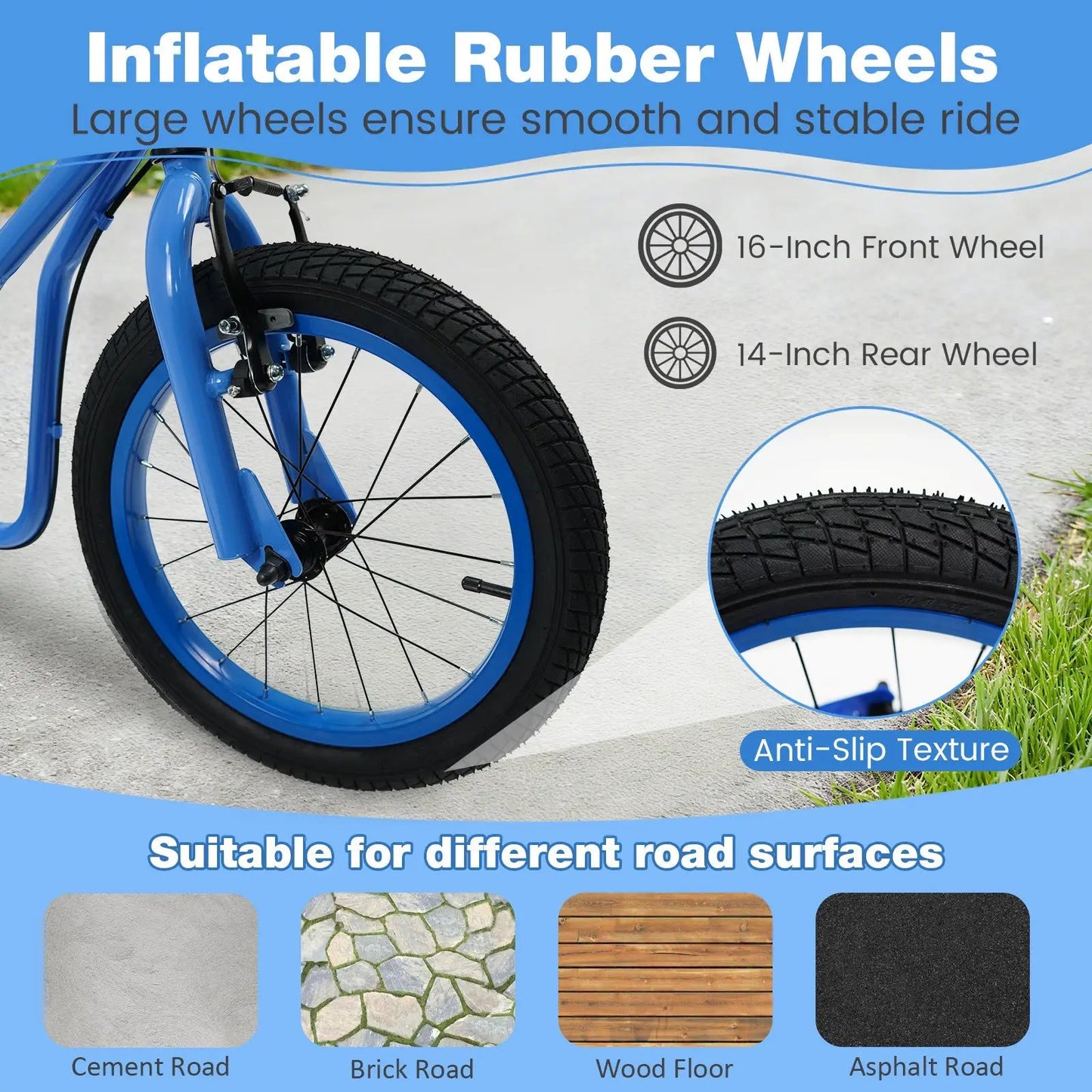 Blue youth scooter with adjustable handlebar and 16-inch/14-inch inflatable wheels on Tampa Home & Garden Store
