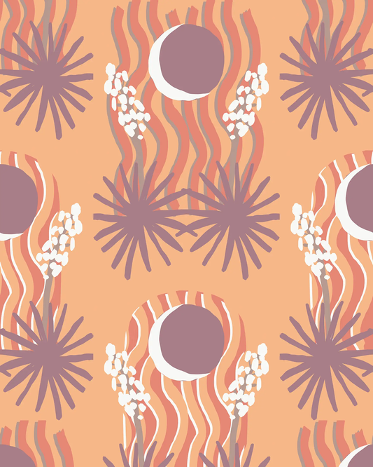 Yucca Moon wallpaper coral and purple with botanical motifs by Samantha Santana Creative on Tampa Home & Garden Store
