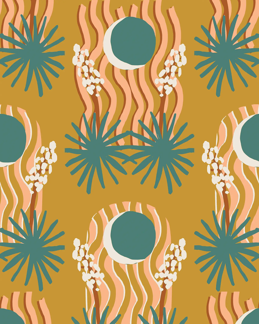 Yucca Moon wallpaper in mustard and teal by Samantha Santana Creative on Tampa Home & Garden Store