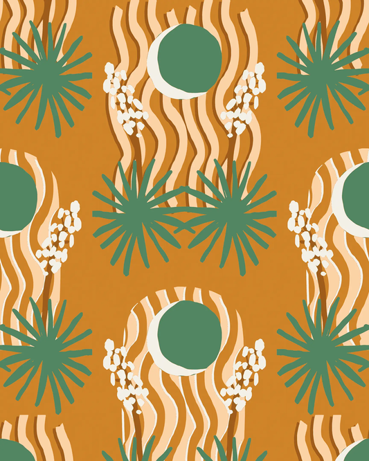 Yucca Moon Wallpaper in Orange and Green with green starburst motifs and beige stripes on orange on Tampa Home & Garden Store
