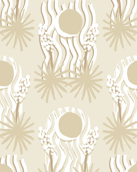 Yucca Moon Wallpaper pattern in white and neutral on beige background on Tampa Home & Garden Store