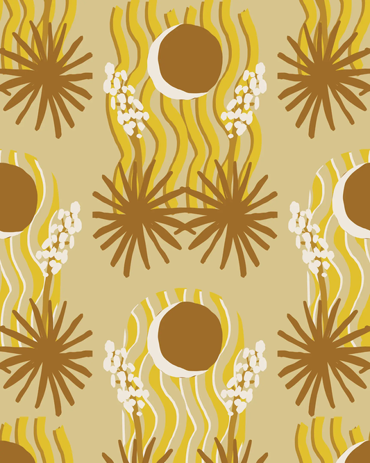 Yucca Moon Wallpaper yellow and rust on beige background with sunburst motifs on Tampa Home & Garden Store