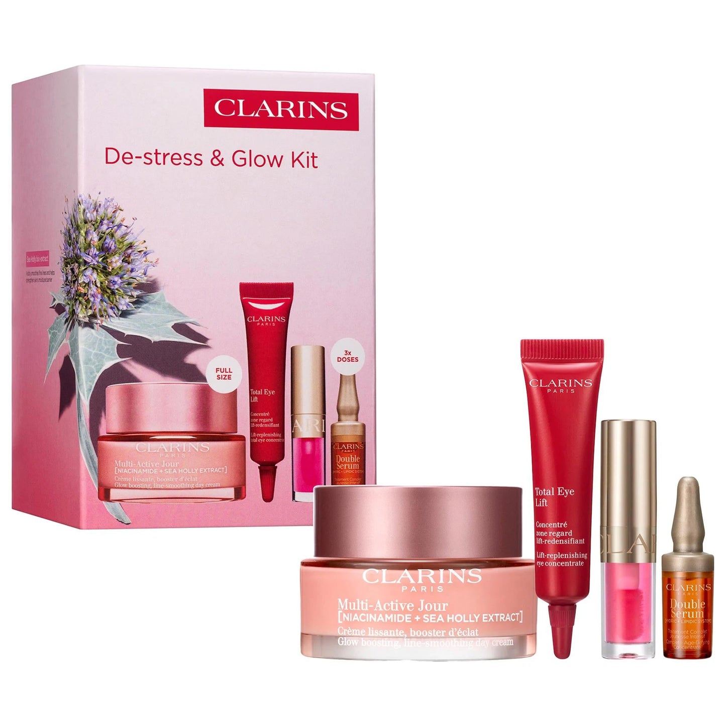 Clarins De-stress & Glow Kit 4-piece pink skincare set with eye cream on Tampa Home & Garden Store