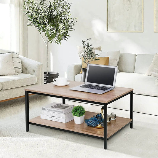 Modern 2-tier metal wood coffee table in natural finish with black frame by HomePacific on Tampa Home & Garden Store