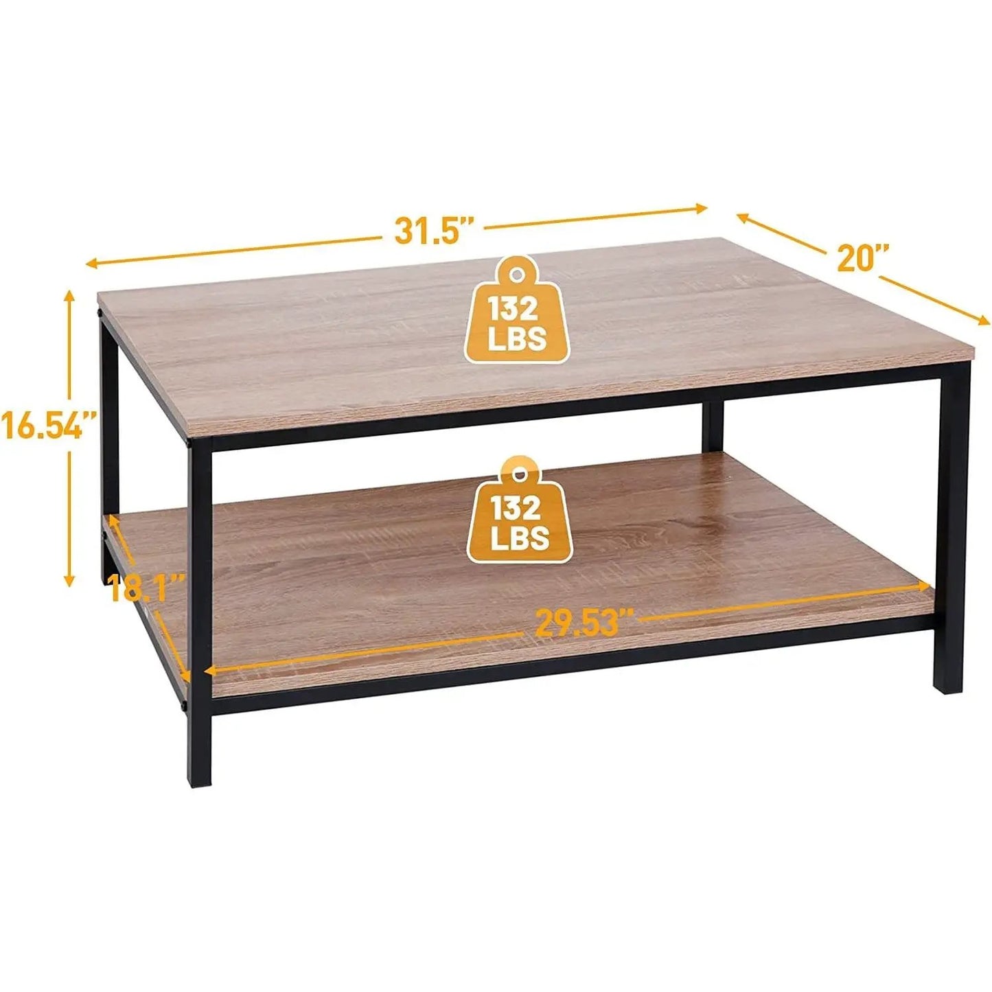 Modern 2-Tier Metal Wooden Coffee Table in Natural Wood Finish - Tampa Home & Garden Store