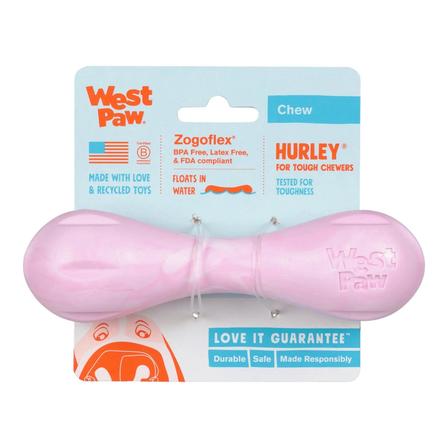 Hurley Bubblegum Swirl chew bone for dogs by West Paw, pink bubblegum color and durable chew toy on Tampa Home & Garden Store
