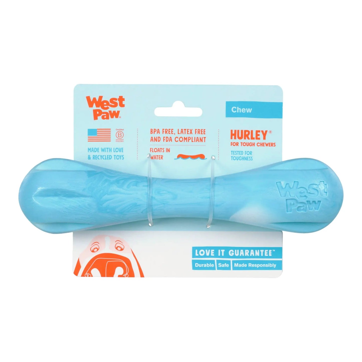 Hurley Aqua Swirl indestructible dog chew toy by West Paw in aqua blue on Tampa Home & Garden Store