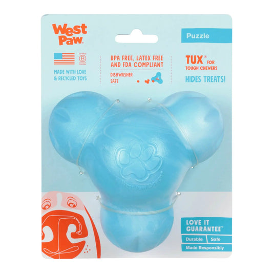 Tux Aqua Swirl Tough Chewer Toy for dogs, blue aqua color, West Paw brand with treat hole on Tampa Home & Garden Store