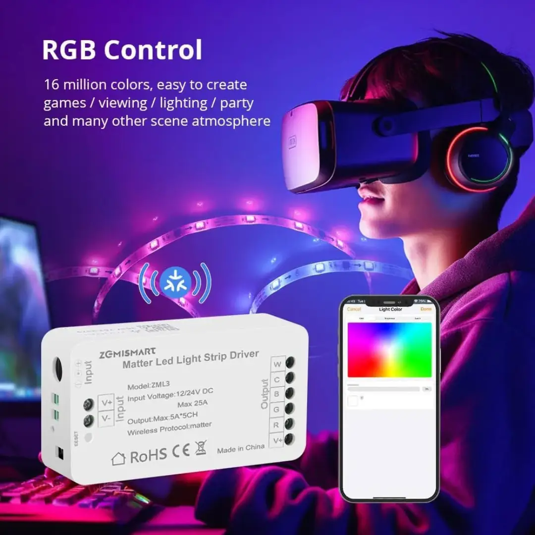 Matter Over WiFi RGBCW LED strip controller with white housing and Alexa compatibility on Tampa Home & Garden Store