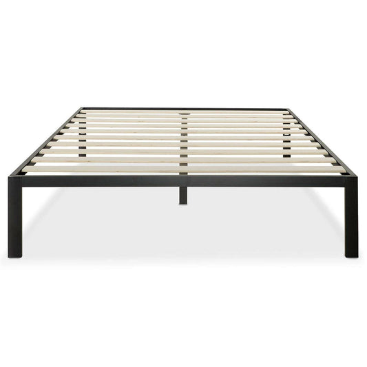 Base de cama moderna de metal negro de tamaño completo con somier de láminas de madera