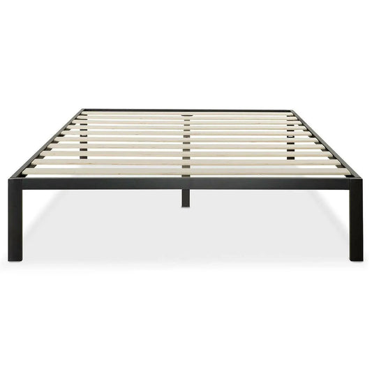 Full-size black metal platform bed frame with wood slats, modern minimalist design on Tampa Home & Garden Store